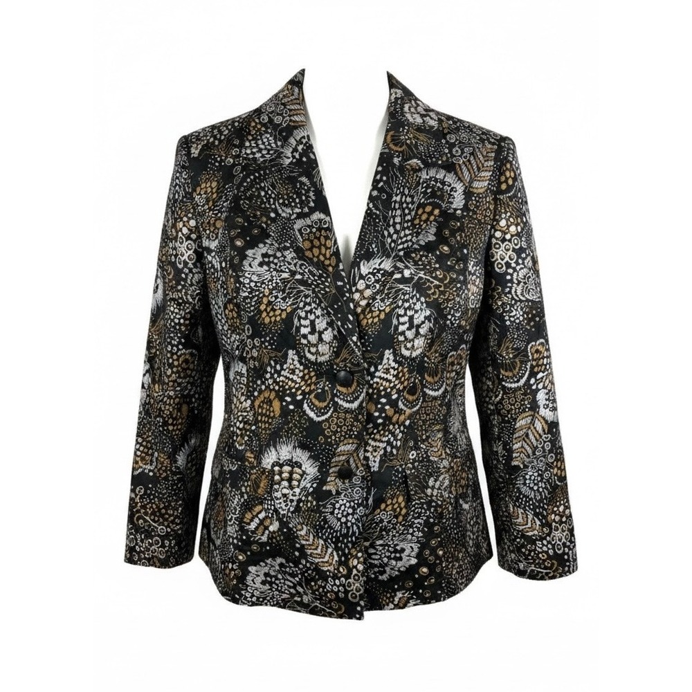 Chicos Blazer Jacket Black Gold Silk Blend Sz 2 L 12-14 Metallic Jacquard Dressy